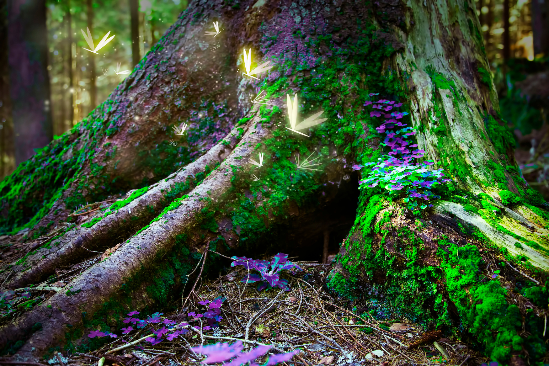 Magic surreal enchanted  forest with fireflies